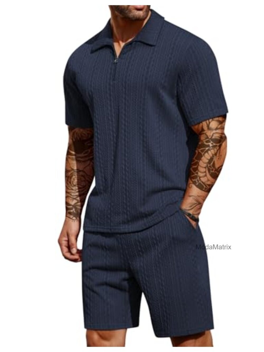 Men's 2 Piece Outfits Quarter Zip Polo Shirt and Shorts Set Athletic Tracksuit